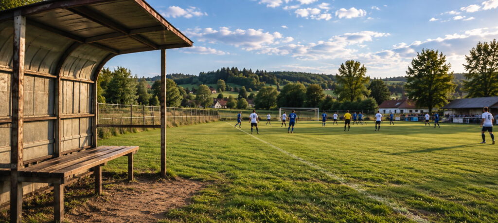 Futbalové ihrisko na dedine počas zápasu s lavičkou pre hráčov